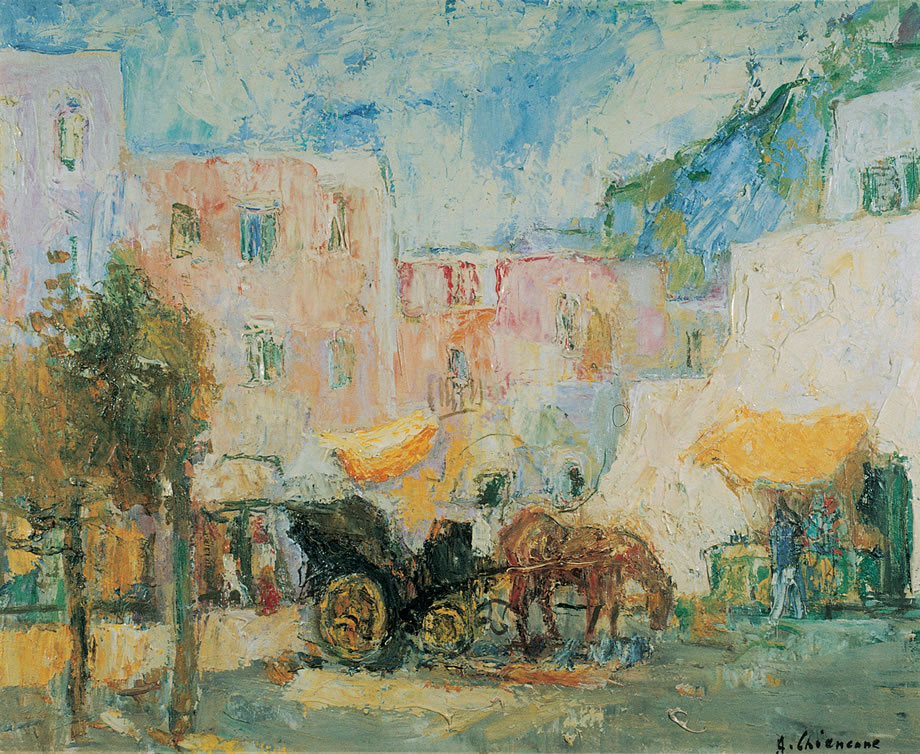 Piazzetta con carrozzela, anni ’50, olio, Roma, collezione privata